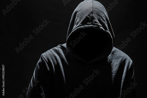 Mysterious figure wearing a dark hooded sweatshirt, obscured face, stands against a dimly lit, shadowy background