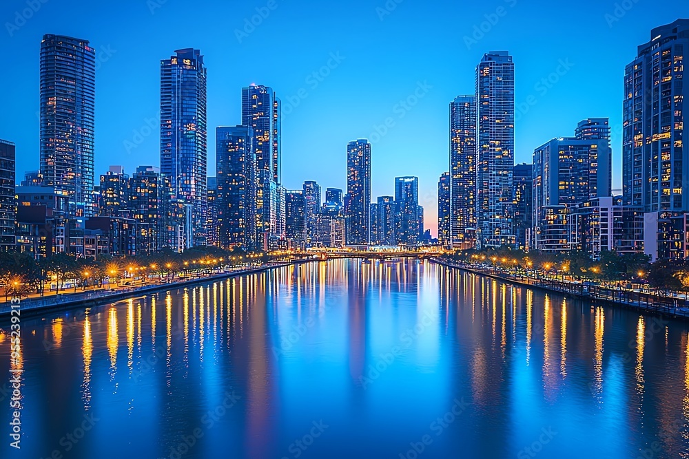 Obraz premium Stunning city skyline at dusk, reflecting lights on a tranquil water surface, showcasing urban beauty and modern architecture.