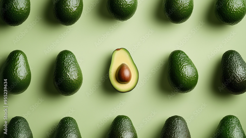 Avocados on pastel green background pattern Avocados on pastel green background pattern
