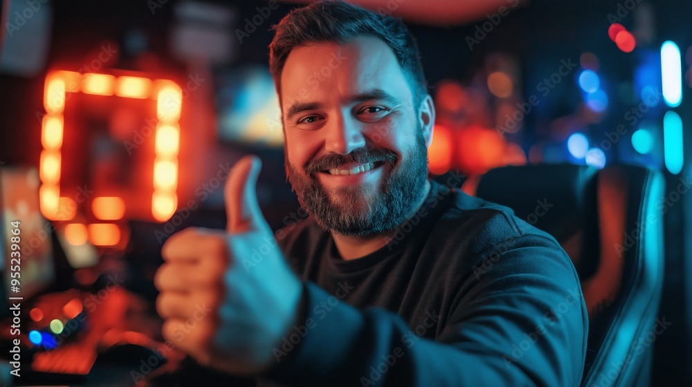 A man is smiling and giving a thumbs up in front of a computer monitor. The room is brightly lit with neon lights, creating a fun and energetic atmosphere A man is smiling and giving a thumbs up in front of a computer monitor. The room is brightly lit with neon lights, creating a fun and energetic atmosphere