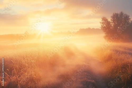 Golden Sunrise Over Foggy Meadow with Path