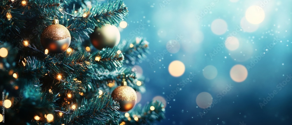 Christmas Tree With Ornament And Bokeh Lights In blue Background Christmas Tree With Ornament And Bokeh Lights In blue Background