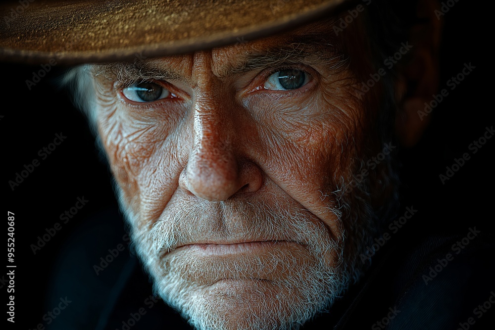 A man with a hat on his head and a beard. He has a serious look on his face