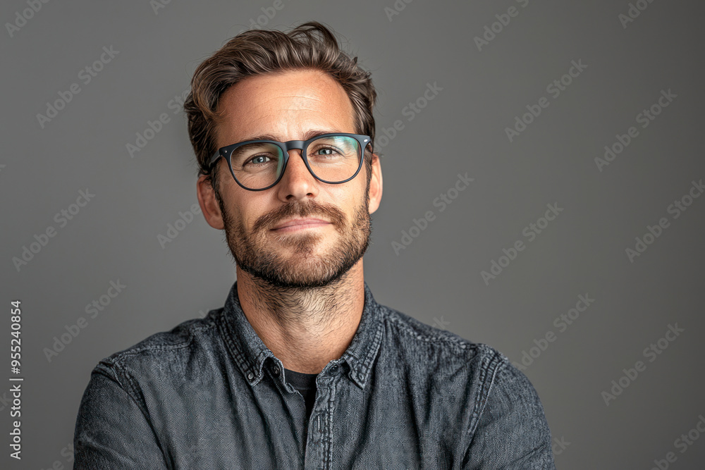 Designer, modern or portrait of man with glasses, vision or clear sight on grey background in studio. Designer, modern or portrait of man with glasses, vision or clear sight on grey background in studio.