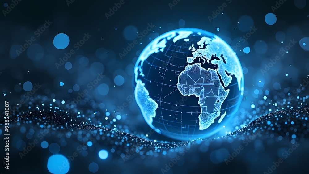 Fototapeta premium 3D Globe with Blue Network Infrastructure on Dark Space-Like Background