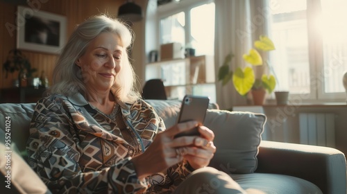 stylish silverhaired woman video chatting on smartphone relaxed on modern sofa sunlit contemporary living room in background photo