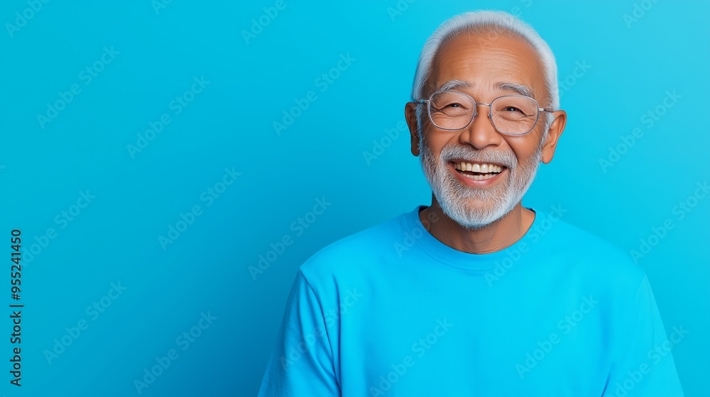 A man with a blue shirt and glasses is smiling. He is happy and enjoying himself. The blue background adds a sense of calmness and serenity to the scene A man with a blue shirt and glasses is smiling. He is happy and enjoying himself. The blue background adds a sense of calmness and serenity to the scene