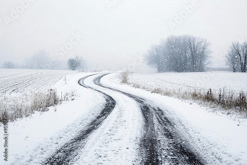 Snow Covered Winding Road in Winter Landscape