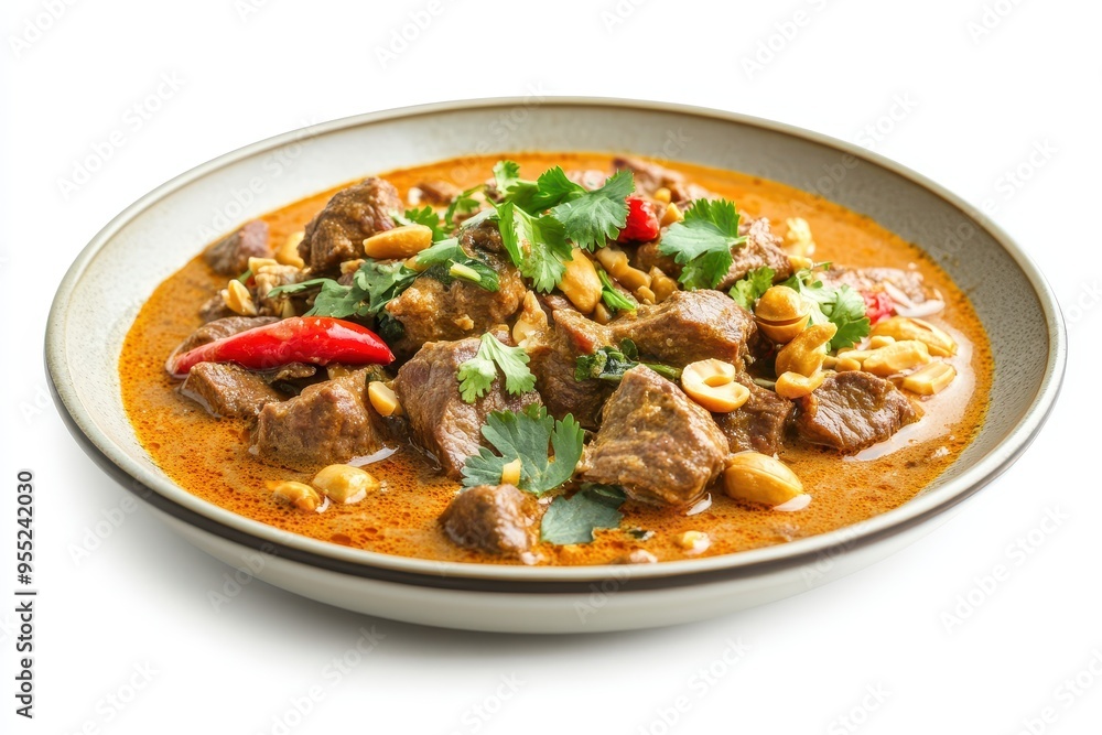 Authentic Massaman Curry with Beef Chunks, Peanuts, and Herbs on Plate - Thai Cuisine Food Photography on White Background Authentic Massaman Curry with Beef Chunks, Peanuts, and Herbs on Plate - Thai Cuisine Food Photography on White Background