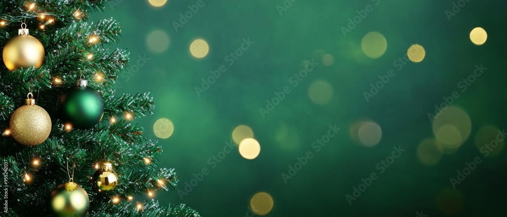 Christmas Tree With Ornament And Bokeh Lights In green Background Christmas Tree With Ornament And Bokeh Lights In green Background