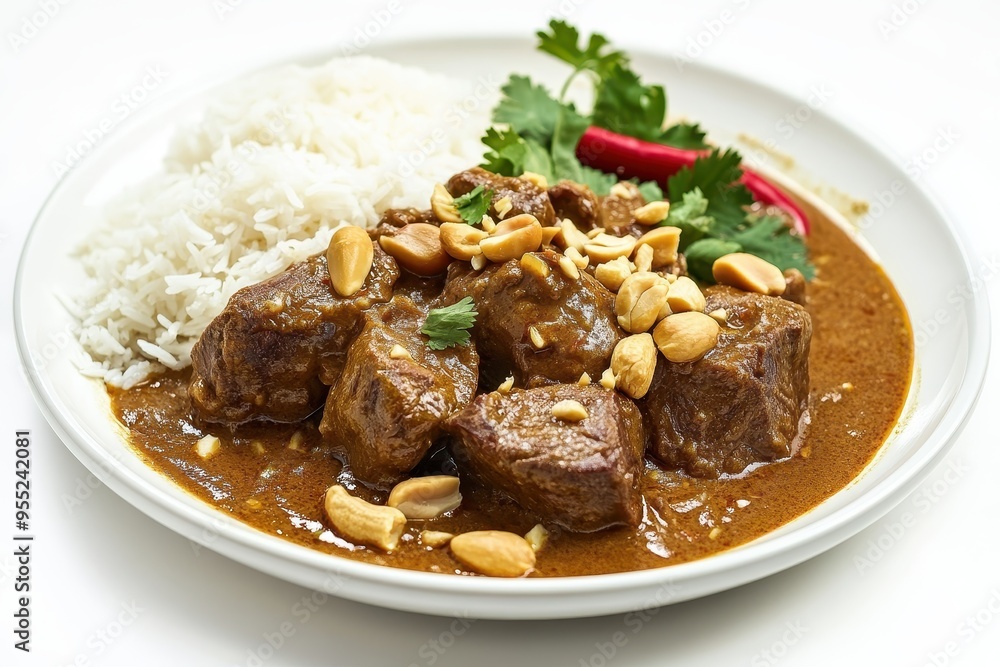 Delicious Massaman Curry with Beef, Peanuts, and Herbs on Plate, Isolated on White Background Delicious Massaman Curry with Beef, Peanuts, and Herbs on Plate, Isolated on White Background