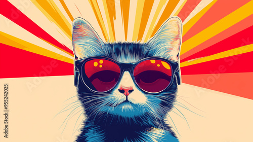 Pop art concept smile kitty cat wear sunglasses. Colorful background in pop art retro comic style.