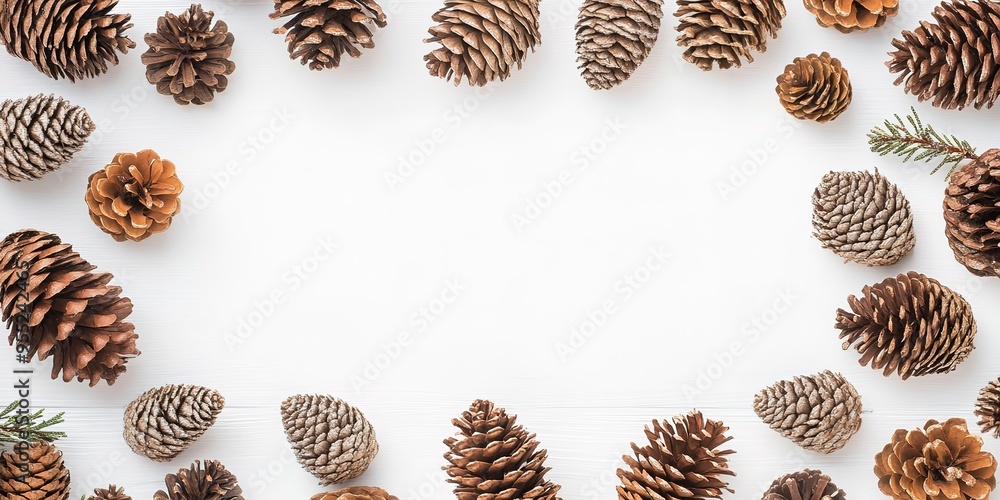 Round frame constructed from coniferous twigs and pine cones on a white wooden backdrop, with a copy space image. Round frame constructed from coniferous twigs and pine cones on a white wooden backdrop, with a copy space image.