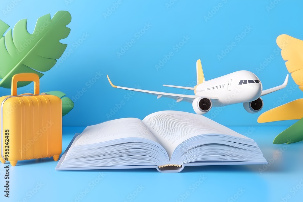 A colorful flat illustration of an open book with an airplane, a suitcase, around it. a white background A colorful flat illustration of an open book with an airplane, a suitcase, around it. a white background