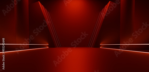Fototapeta Naklejka Na Ścianę i Meble -  Red stage with neon lights on a red background. 3d rendering