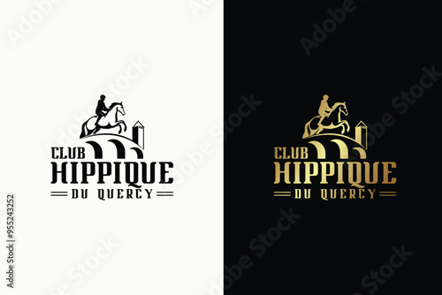 Horse riding club logo showcasing a rider atop a horse with a stylized hill, emphasizing elegance and excellence in equestrian sports