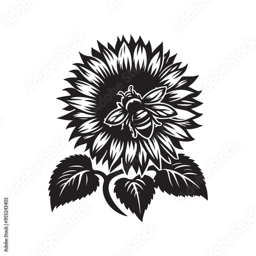 Sunflower and bee silhouette  vector art illustration