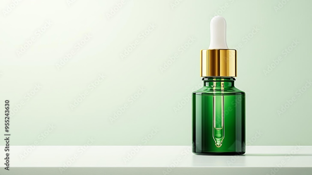 Green glass dropper bottle with gold cap on green background. Green glass dropper bottle with gold cap on green background.