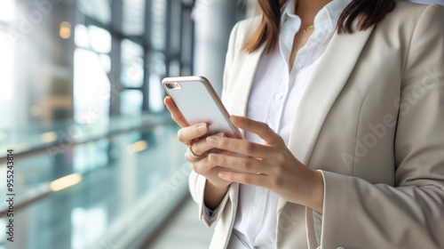 Foto recortada de uma empresária irreconhecível usando seu smartphone no trabalho photo