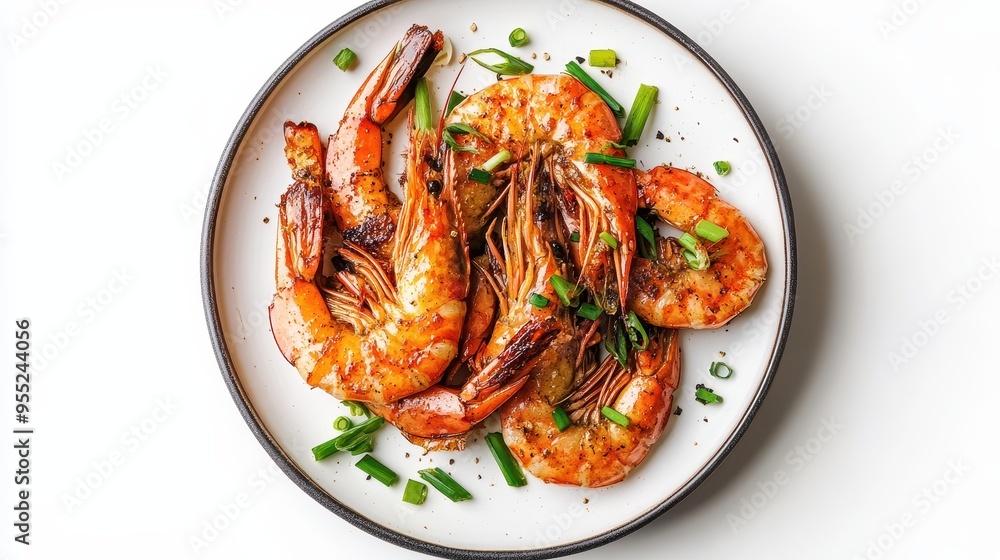 Delicious Thai Garlic Pepper Prawns with Green Onions on Plate against White Background Delicious Thai Garlic Pepper Prawns with Green Onions on Plate against White Background