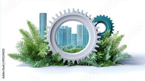 A conceptual representation of urban development integrating nature, featuring gears and skyscrapers surrounded by lush greenery. photo