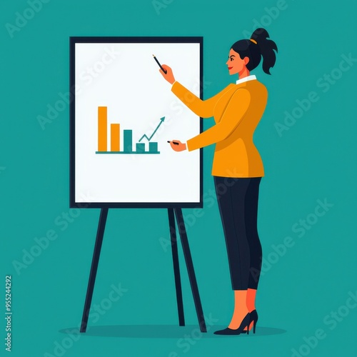 A professional woman presents a growth chart, showcasing successful progress in a vibrant, modern setting.