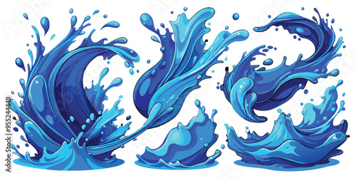 collection set of blue water splashing isolated on white vector art illustration. AI GENERATED