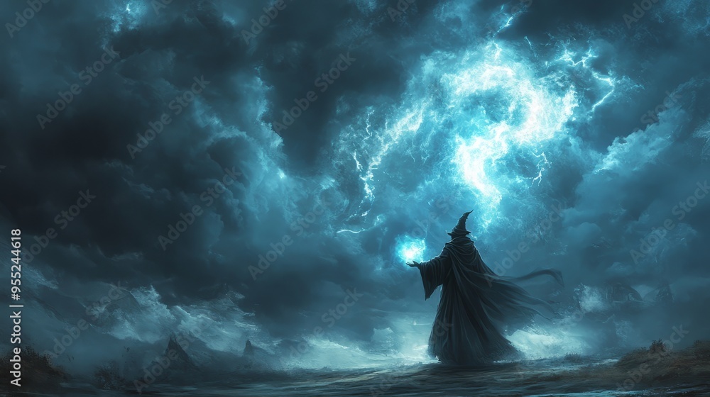 Sorcerer Unleashes Fury: Summoning Storm in Ominous Sky Sorcerer Unleashes Fury: Summoning Storm in Ominous Sky