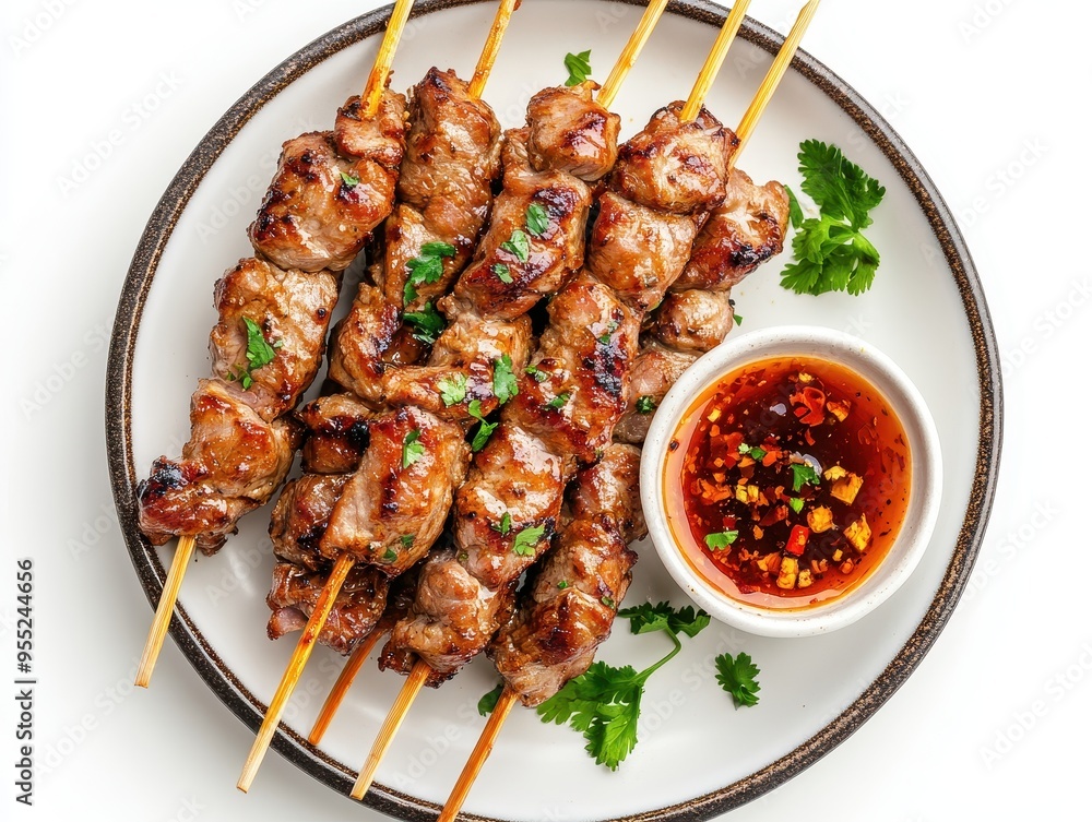 Delicious Thai Marinated Pork Skewers with Spicy Dipping Sauce on White Background Delicious Thai Marinated Pork Skewers with Spicy Dipping Sauce on White Background