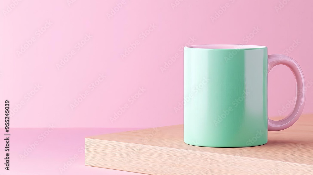 Green mug on a wooden table against a pink background. Green mug on a wooden table against a pink background.