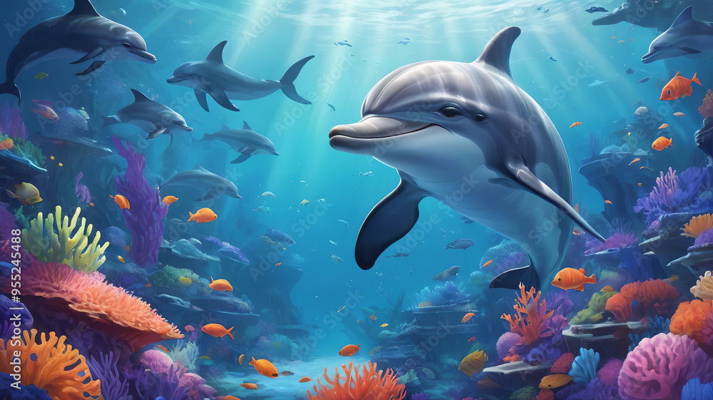 Obraz premium illustration of a dolphin on coral background
