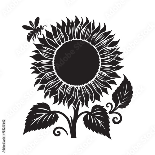 Sunflower and bee silhouette  vector art illustration