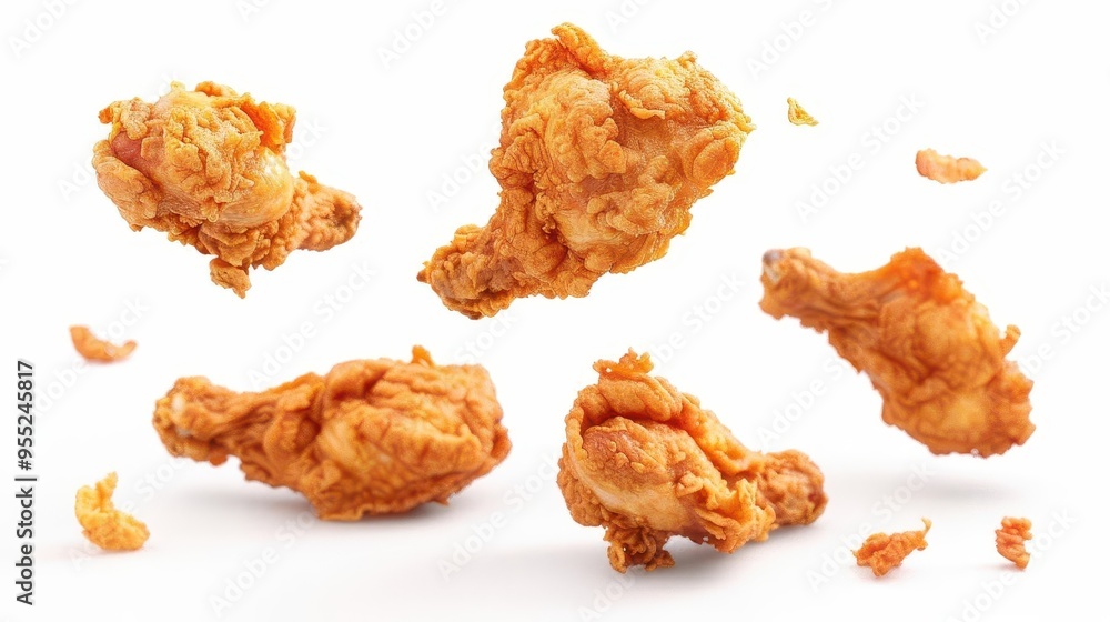 surreal floating fried chicken pieces hyperrealistic texture dramatic lighting gravitydefying composition against pure white backdrop surreal floating fried chicken pieces hyperrealistic texture dramatic lighting gravitydefying composition against pure white backdrop