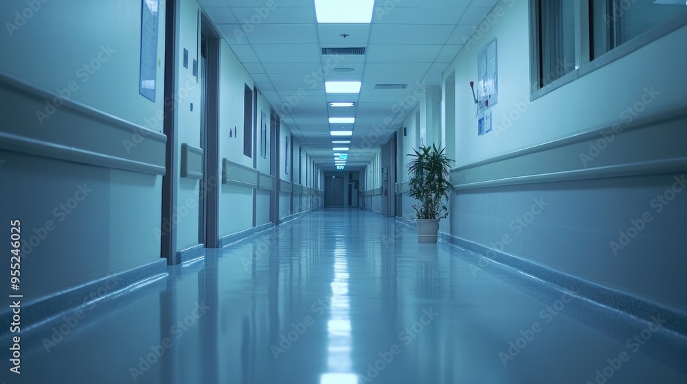 Fototapeta premium An empty Chinese hospital corridor, with no patients or staff, just the clean, sterile environment.