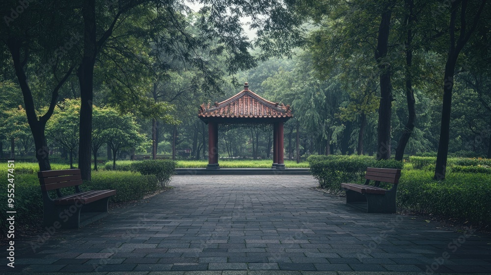 An empty Chinese park, with a pavilion and walking paths, but no people enjoying the space. An empty Chinese park, with a pavilion and walking paths, but no people enjoying the space.