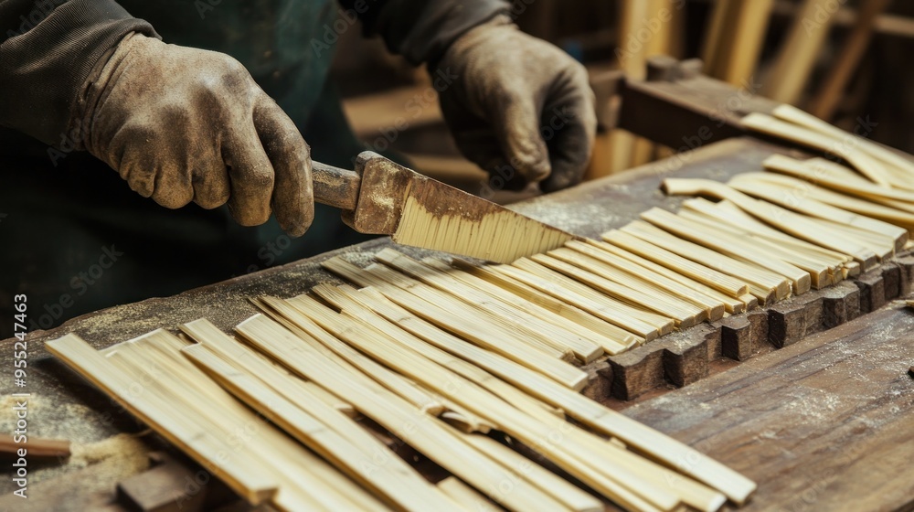 Craftsman Working with Wooden Slats in a Workshop Craftsman Working with Wooden Slats in a Workshop
