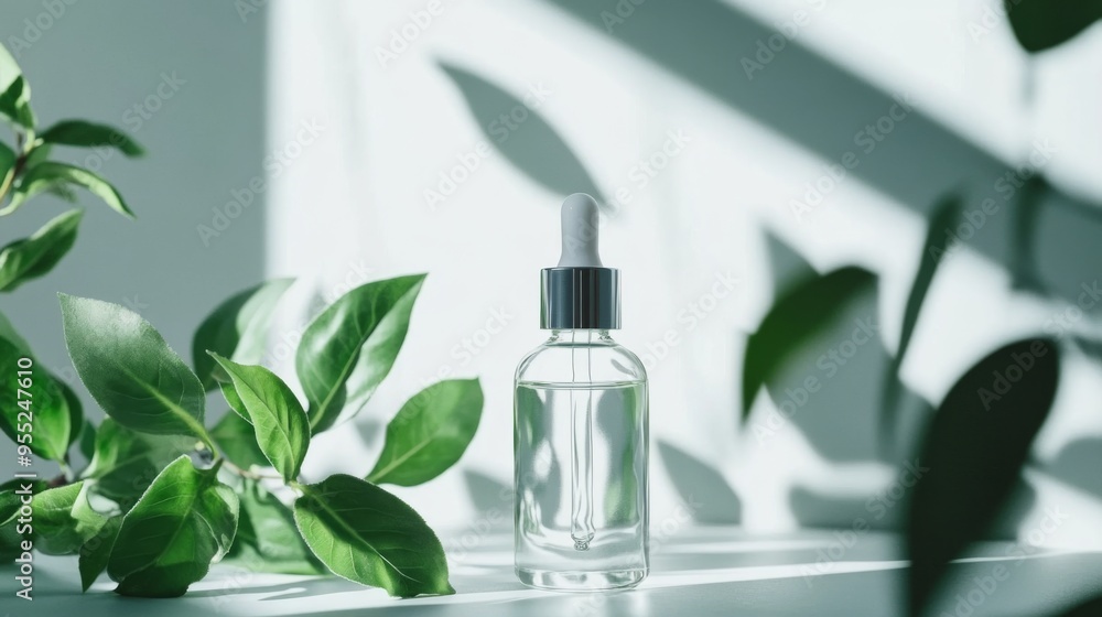 Clear glass dropper bottle over fresh green leaves on a white surface in natural light during the day, with copy space Clear glass dropper bottle over fresh green leaves on a white surface in natural light during the day, with copy space