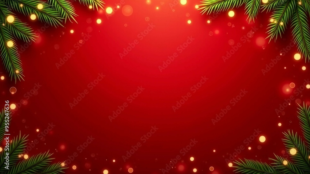 Festive red background with Christmas lights and pine branches Festive red background with Christmas lights and pine branches