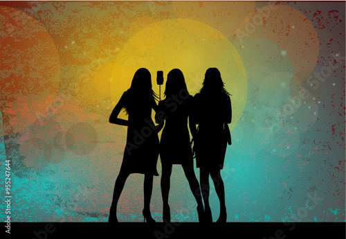 Vektor Silhouetten - 3 Frauen posen für ein Selfie - Moderne Gesellschaft