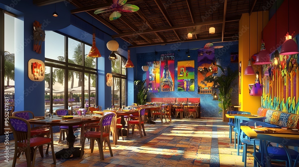 Fototapeta premium A vibrant restaurant with ever-changing themes and 3D-rendered decor