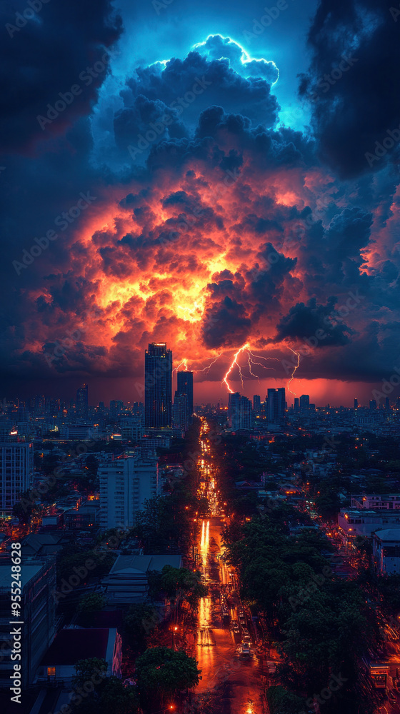 Obraz premium A panoramic shot of Bangkok skyline during a tropical thunderstorm, with dramatic clouds and lightning