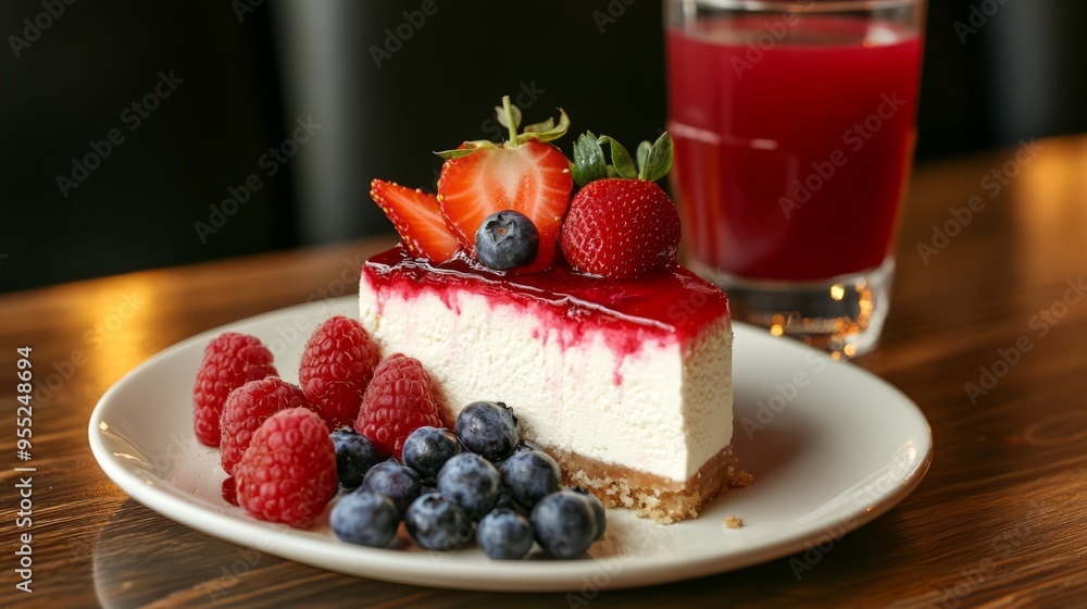 Slice of cheesecake topped with fresh berries and jelly, served on a white plate with a glass of red juice. Slice of cheesecake topped with fresh berries and jelly, served on a white plate with a glass of red juice.