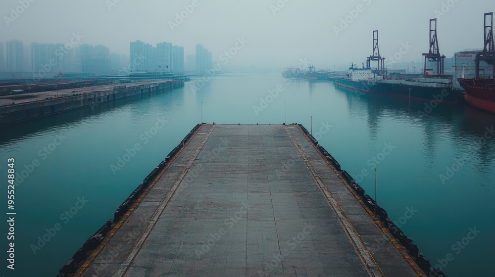 Fototapeta premium An empty harbor in a Chinese port city, with no ships or workers, just the silent docks and still water