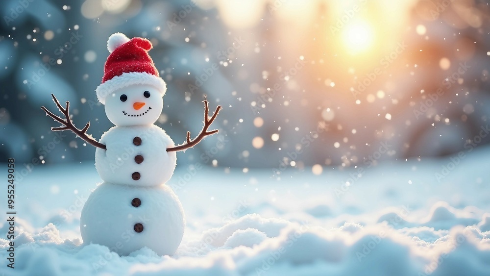 Cheerful snowman with a Santa hat enjoying a snowy day Cheerful snowman with a Santa hat enjoying a snowy day
