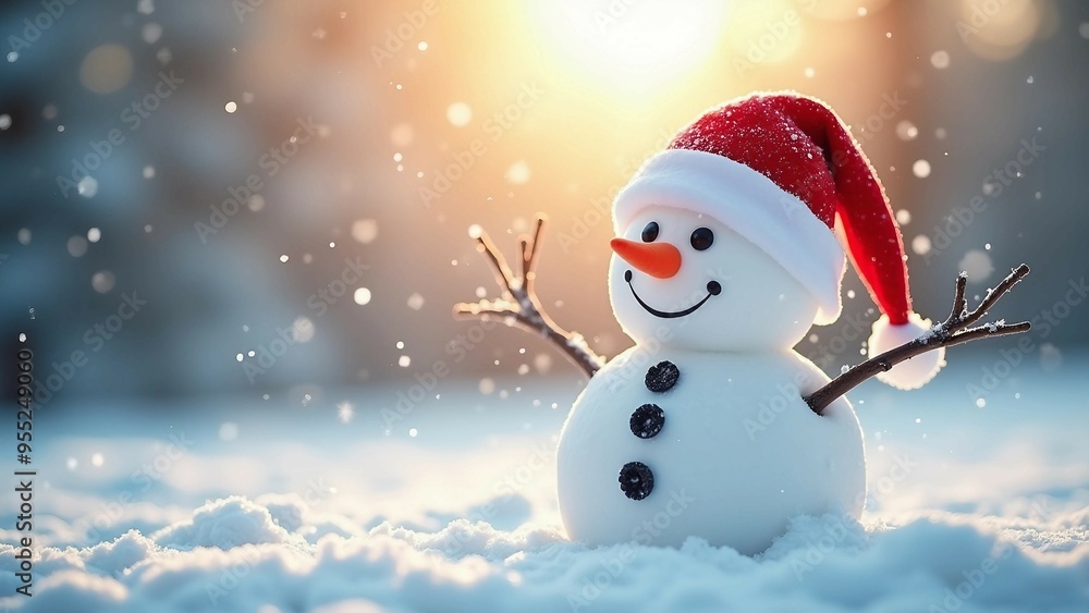 Cheerful snowman with a Santa hat enjoying a snowy day Cheerful snowman with a Santa hat enjoying a snowy day