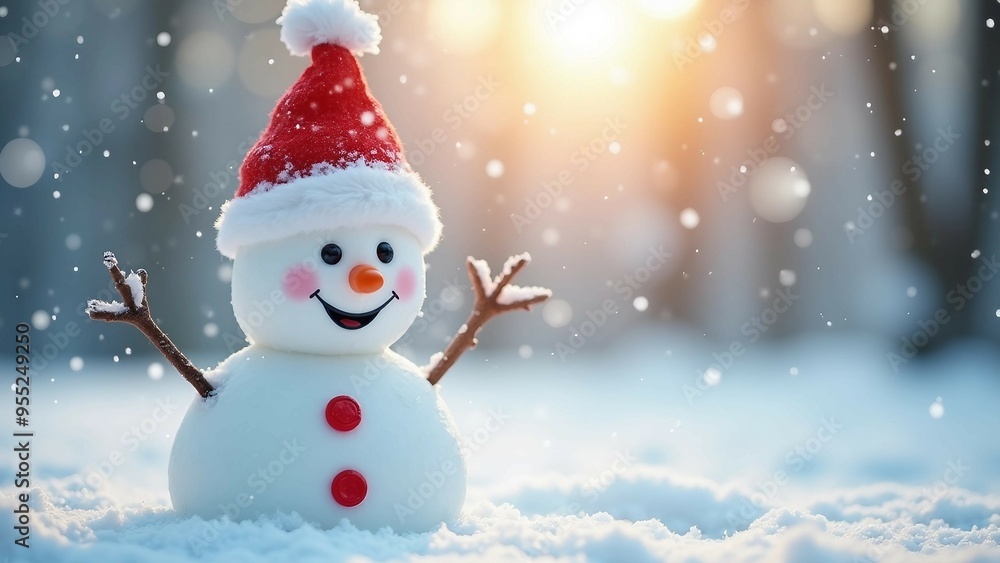 Cheerful snowman with a Santa hat enjoying a snowy day Cheerful snowman with a Santa hat enjoying a snowy day