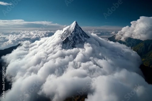 Cloud cinematic swirling motion is captured in a time-lapse sequence of clouds swirling around a mountain peak, creating a dramatic and epic scene photo