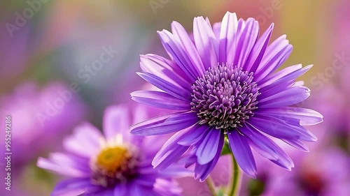 A purple aster  is in full bloom, with  a yellow center  and  a green stem  photo