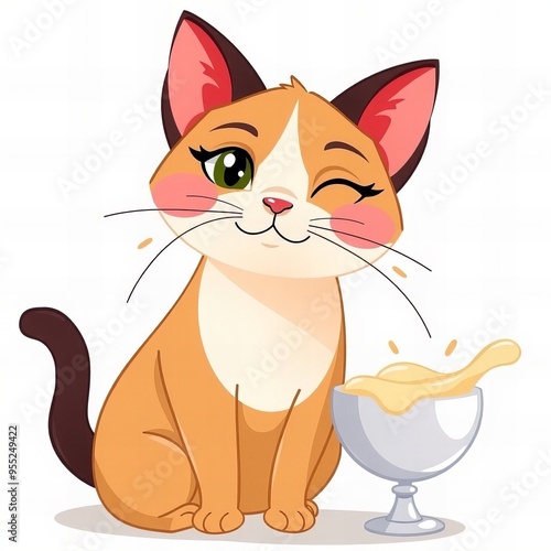 cartoon cat with milk and honey in bowl. photo