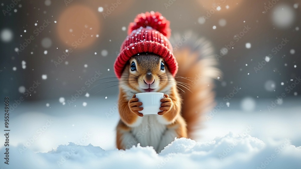 Cute squirrel in a red hat enjoying a hot drink in the snow Cute squirrel in a red hat enjoying a hot drink in the snow